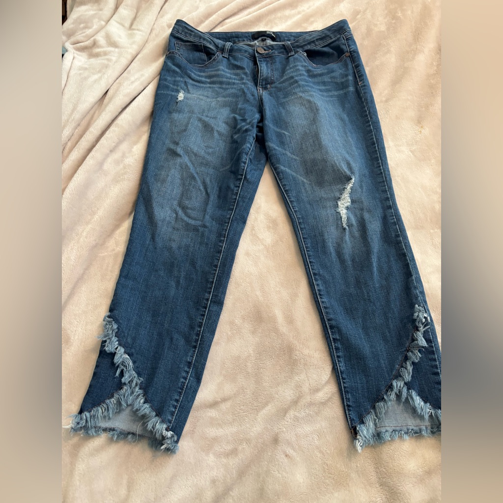 1822 Denim Blue Flare Straight Leg Jeans With Asymmetrical Raw Hem Size 14